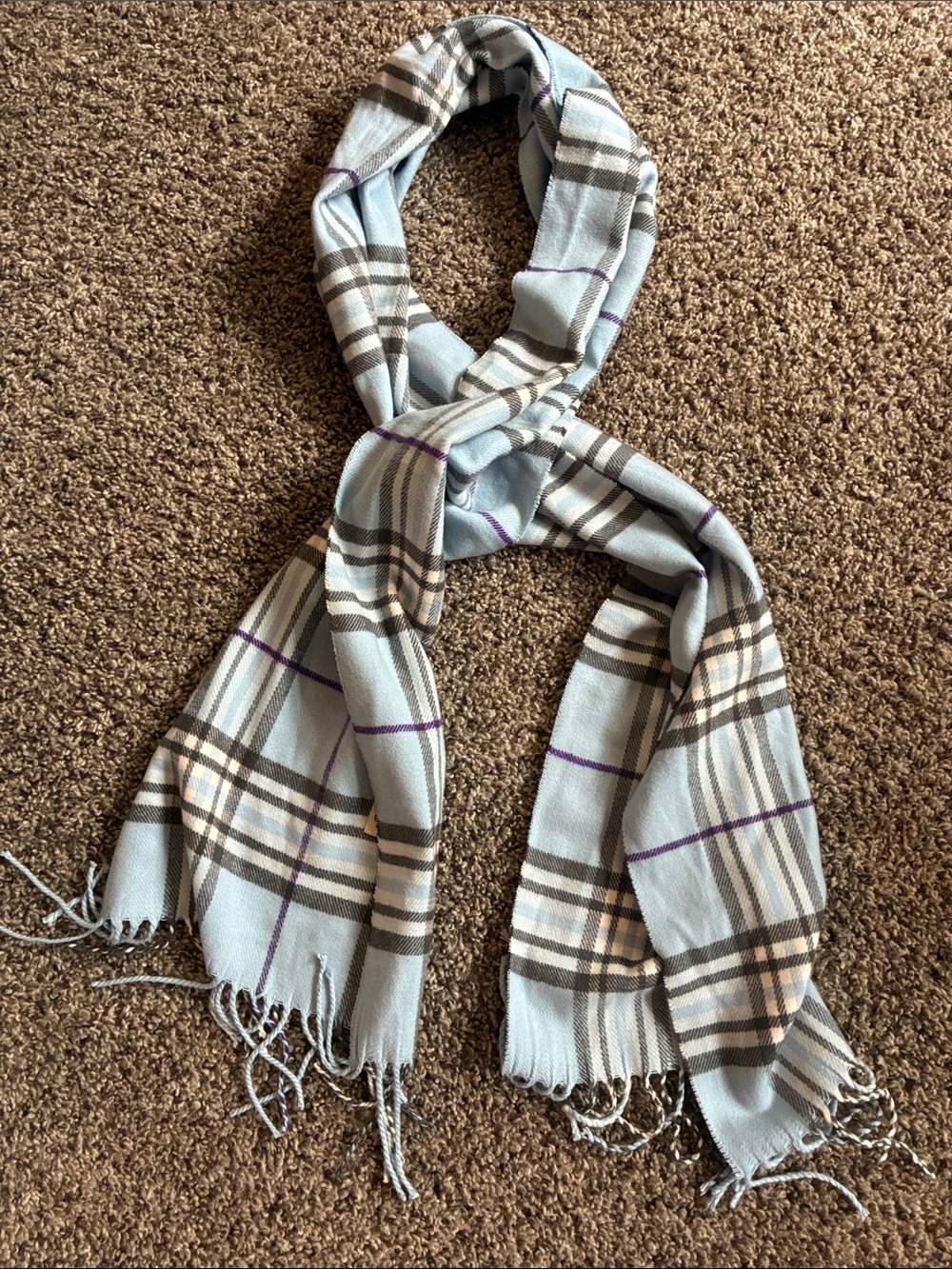 Light Blue Plaid Women's Scarf with Fringe